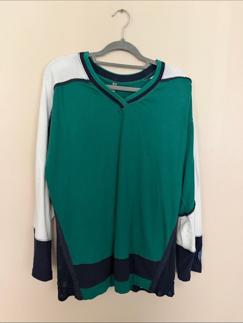 Free People Long Sleeve V-Neck Colorblock Pullover - Green, White & Navy